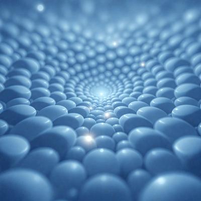 The primary subject of the image is a large, bright light source, which appears to be a light bulb or a light source in a dark room. The light source is surrounded by a large number of white spheres, creating a visually striking and unique pattern. The setting is a dark room, and the visual style is a combination of a photo and digital art, as the light source and spheres are both captured in a single image. The colors and mood of the image are predominantly dark, with the bright light source standing